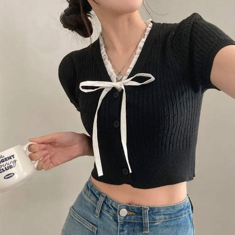 Tied V-neck Ice Silk Short Sleeve Knitwear Women's Short Top