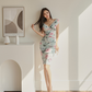 New Style Ladylike Low-Cut V Neck Pleated Waist-Covering Hip Printed Slimming Look Dress For Women