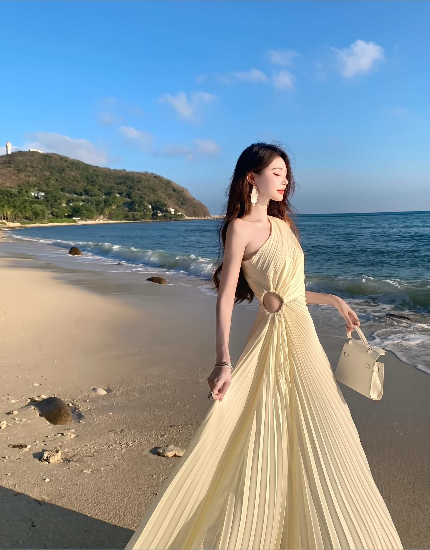 Pleated Slopping Shoulder Gown - Waistless Banquet Long Dress for Women