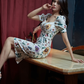 Korean Puff Sleeve Dress - V Neck Slim Fit Printed Midi For Women