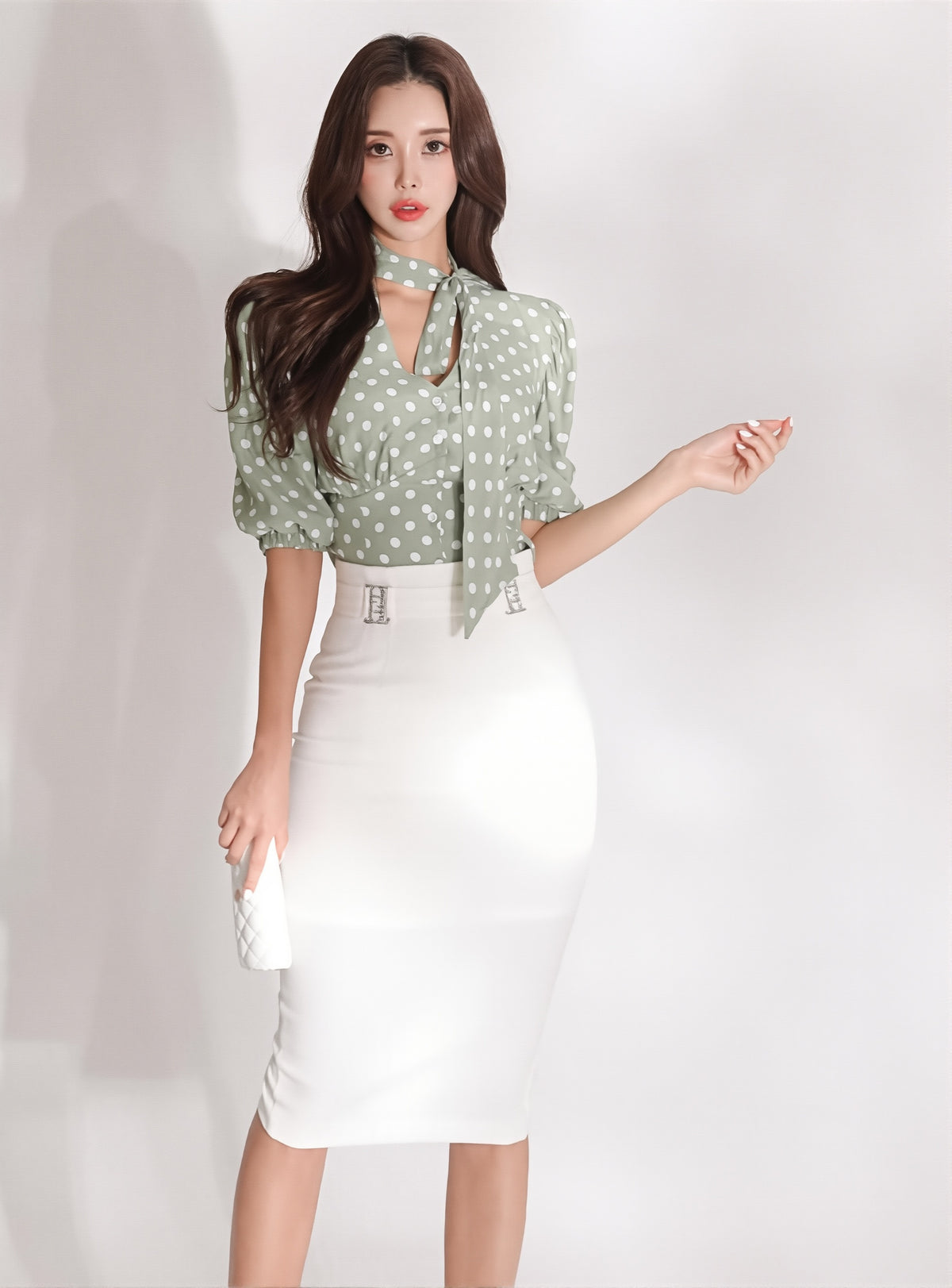 Summer Korean Polka Dot Two-Piece Set - Ribbon Lantern Sleeve Shirt & High Waist Skirt