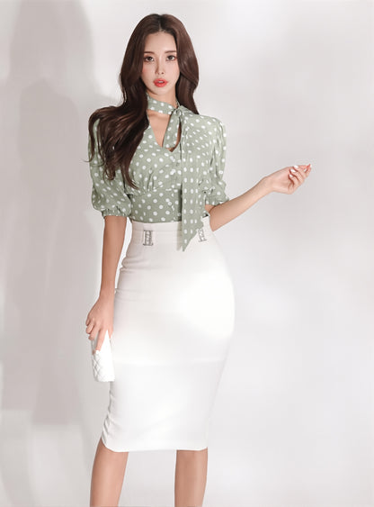 Summer Korean Polka Dot Two-Piece Set - Ribbon Lantern Sleeve Shirt & High Waist Skirt