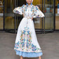 Fashion Puff Sleeves Lapel Robe Arabic Women's Digital Printed Mid Waist Long Dress