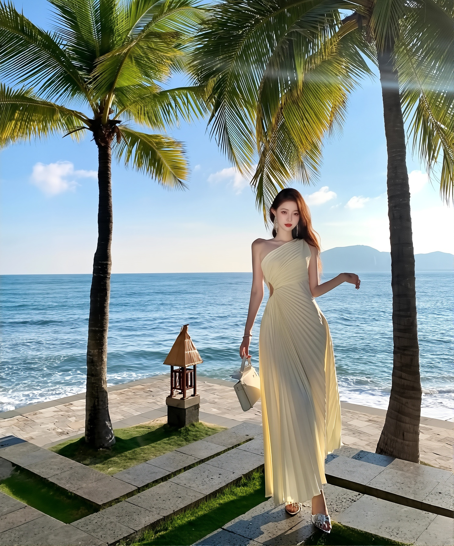 Pleated Slopping Shoulder Gown - Waistless Banquet Long Dress for Women