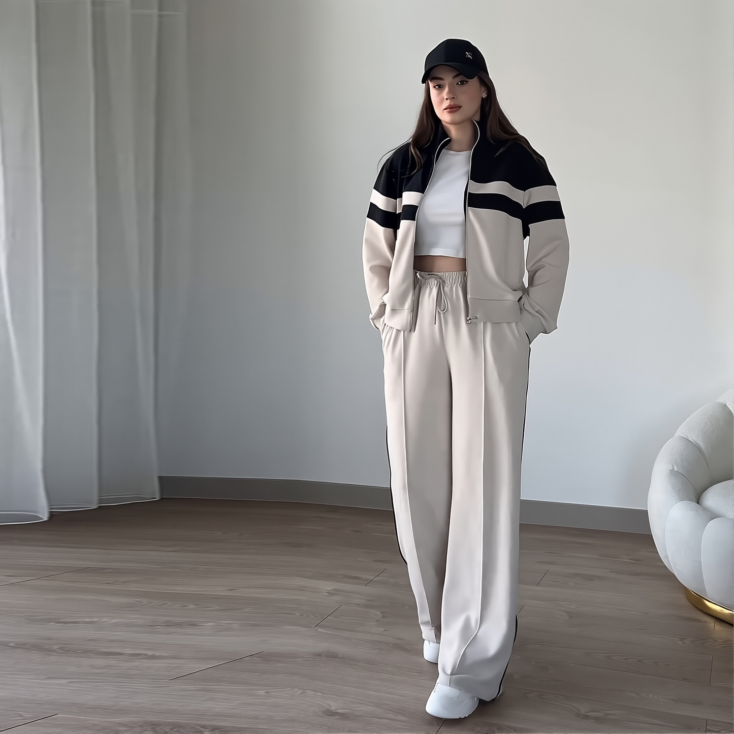 2025 Women's Clothing New Zipper Top Casual Loose Sports Two-piece Set