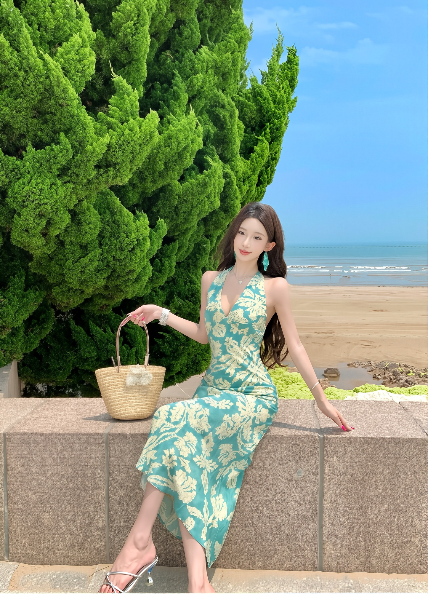 Peacock Blue French Halter Dress - V-Neck Backless Summer Gown