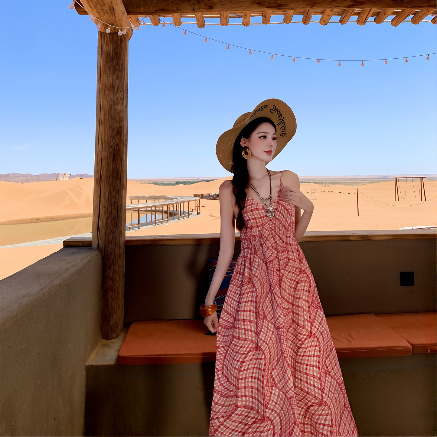 Plaid Suspender Maxi Dress for Women - Loose Fit V-Neck Beach Cover Up, Casual Resort Wear