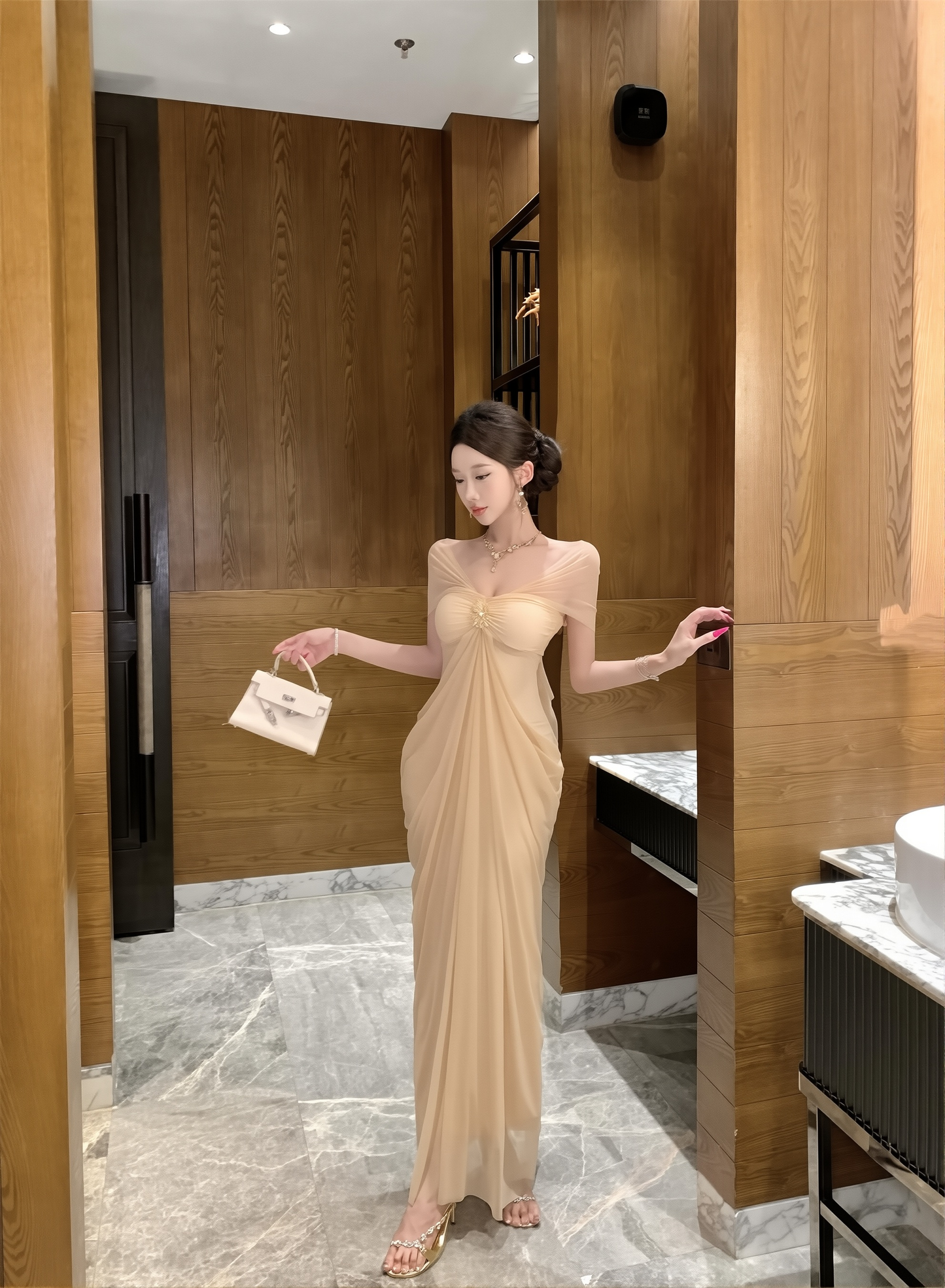 New French Light Luxury Celebrity High-end One-shoulder Two-piece Mesh Long Noble Dress