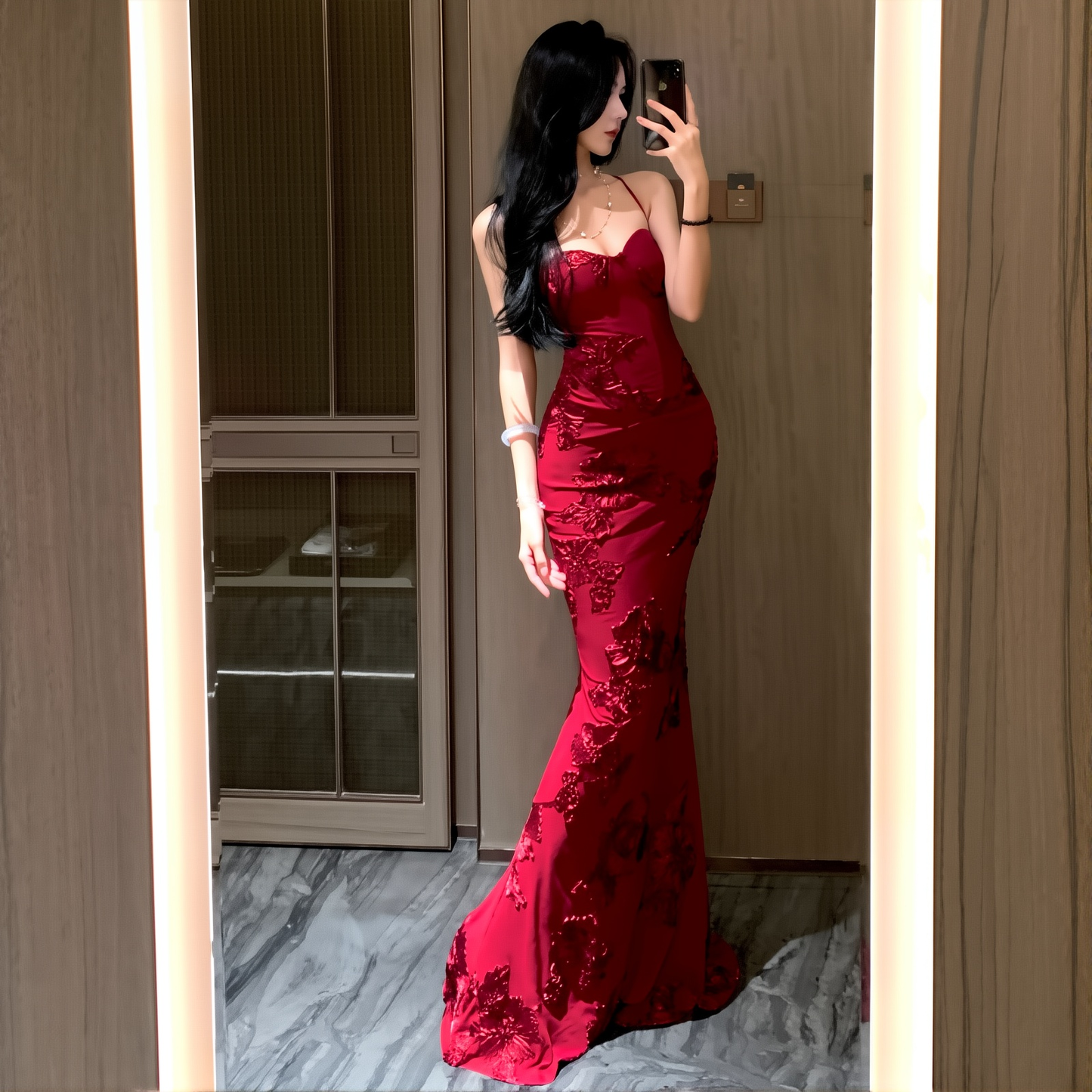 Backless Suspender Dress with Lace Embroidery - Elegant Slim Fishtail Skirt