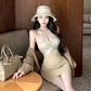 Sexy Hot Girl Lace Splicing Slim Slim Halterneck Dress 2025 Autumn And Winter New Off-shoulder Short Hip-covering Skirt