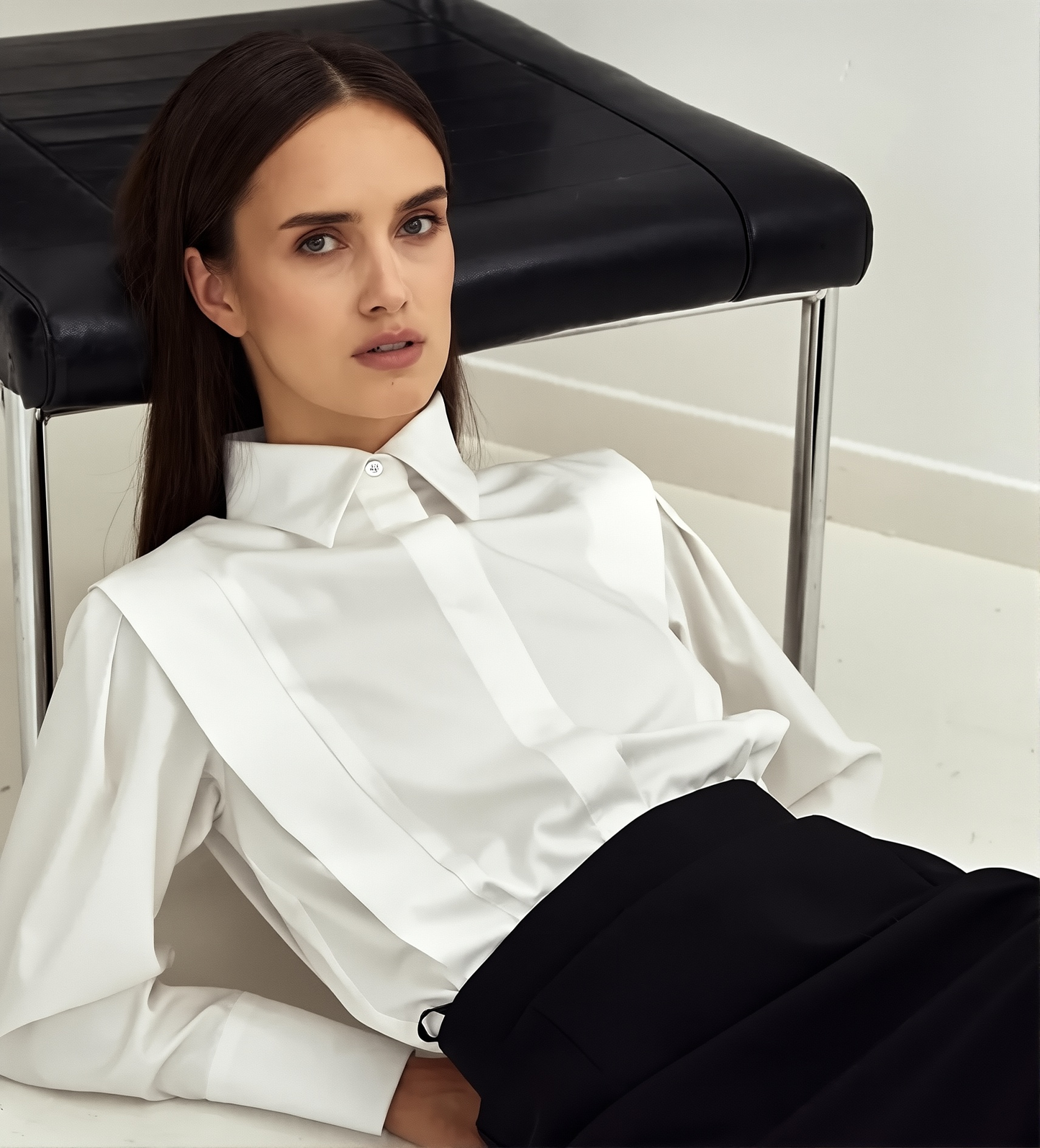 French Commuter Right Angle Shoulder Slim Shirt Women's Summer Long Sleeve Stitching High-end Sense