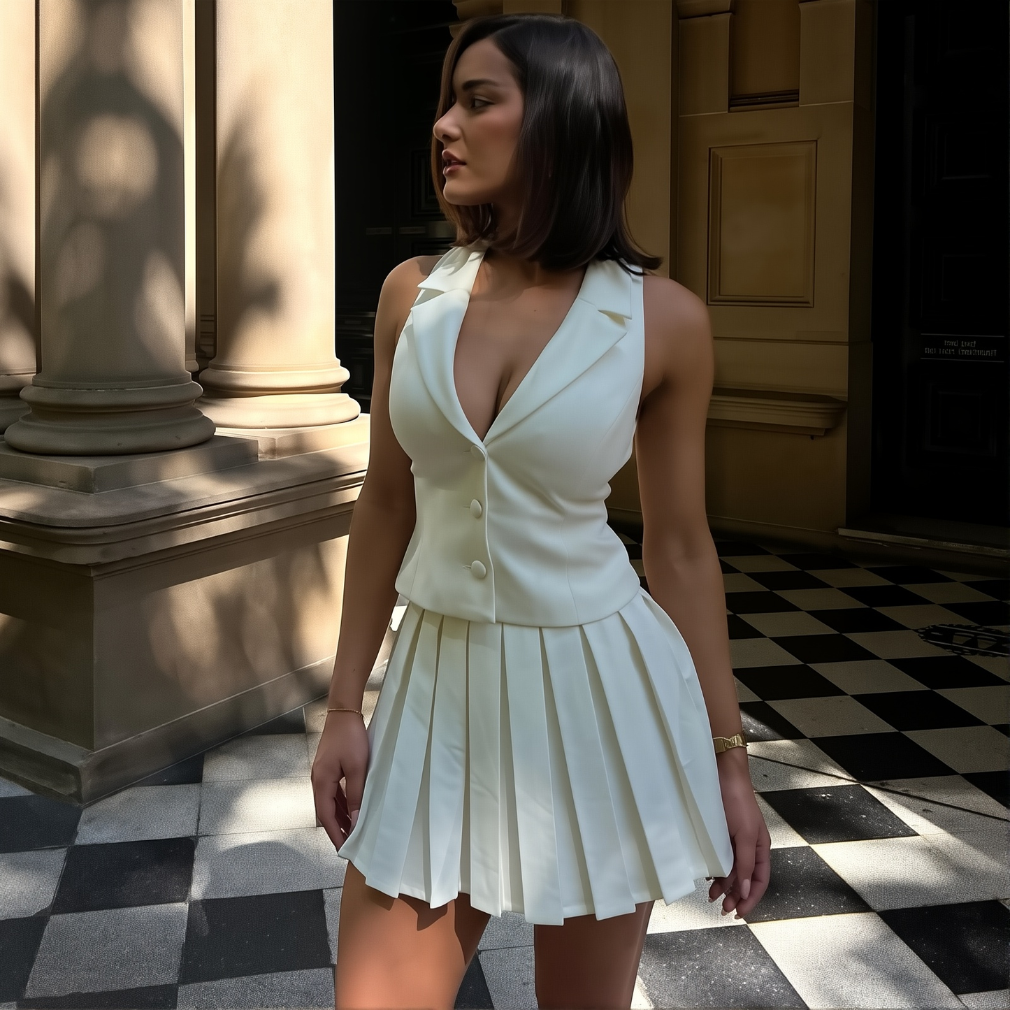 Sexy V-Neck Elegant Vest Coat  Summer Fashion Trend Pleated Skirt Suit Women