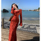 2025 New Cheongsam Women's High-End Improved New Dress Moroccan Rose Print Long-Sleeved Dress