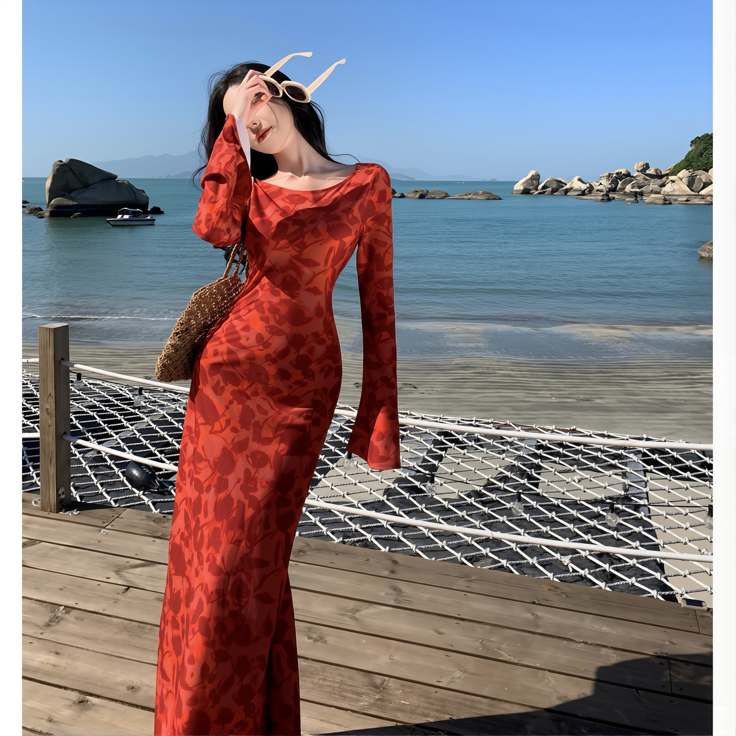 2025 New Cheongsam Women's High-End Improved New Dress Moroccan Rose Print Long-Sleeved Dress