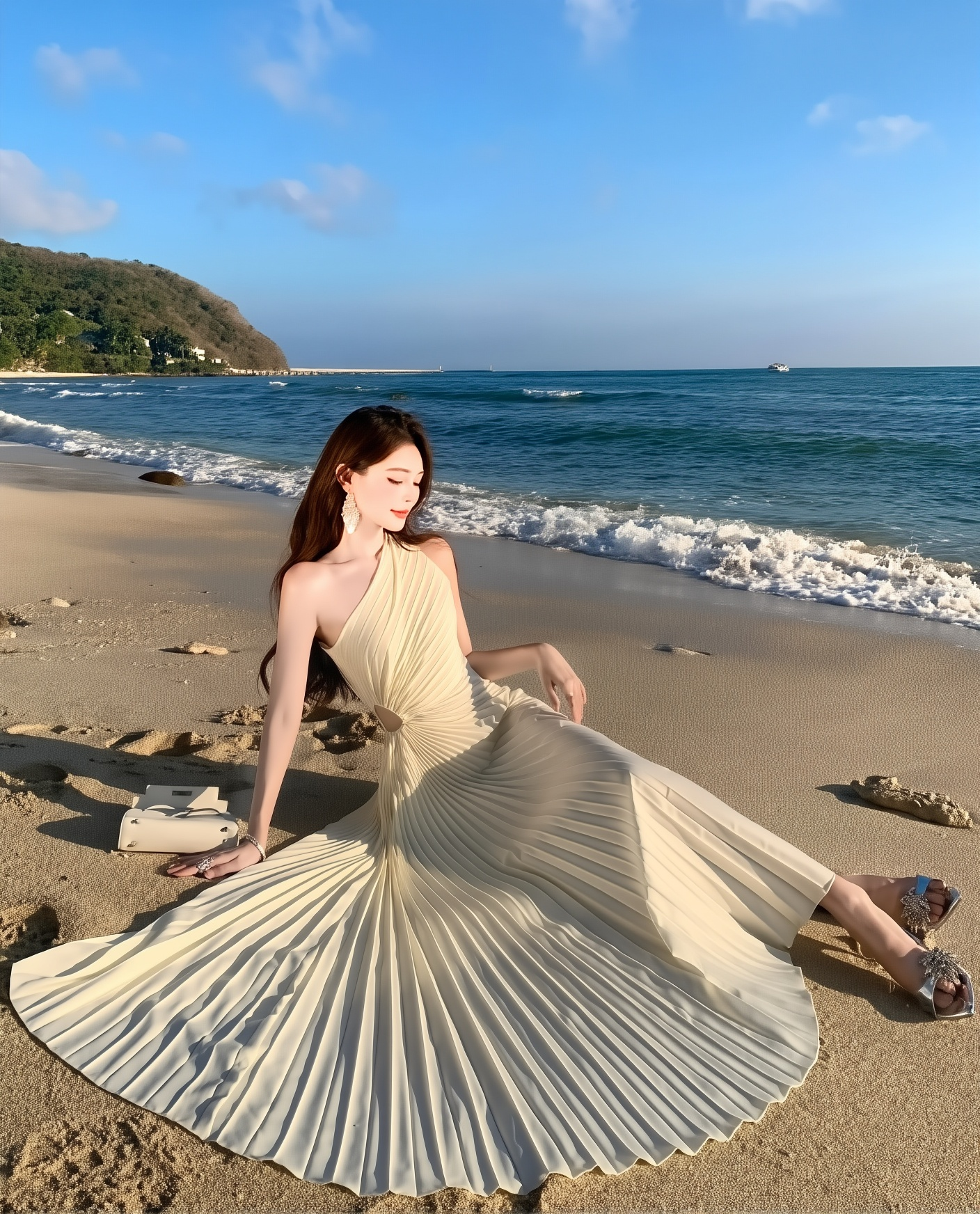 Pleated Slopping Shoulder Gown - Waistless Banquet Long Dress for Women