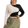 Slim Fit Midriff-baring Slimming Patchwork Round Neck Long Sleeve