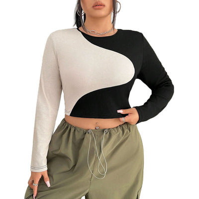 Slim Fit Midriff-baring Slimming Patchwork Round Neck Long Sleeve