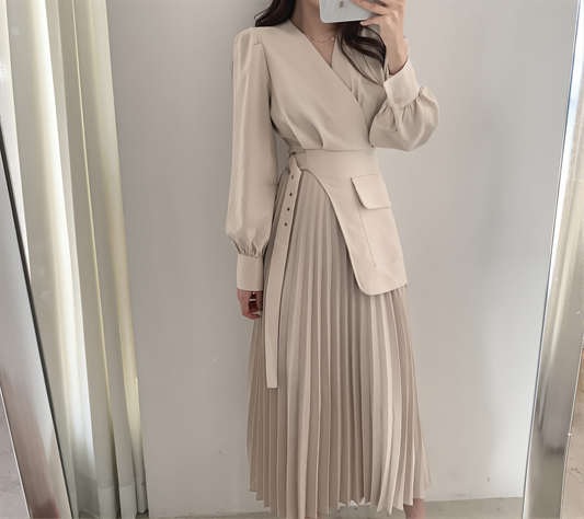 Korean Chic Autumn New V-neck Elegant Elegant Slim-fit Puff Sleeve Pleated Long Sleeve Mid-length Dress For Women