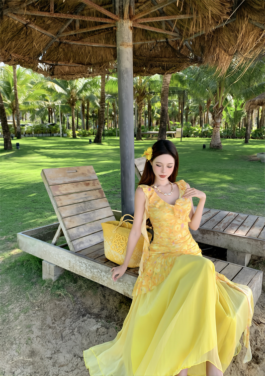 French Style Yellow Floral Suspenders Dress with Mesh Skirt Two-Piece