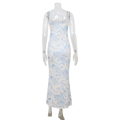Vintage Printed Slim Fit Slimming Spaghetti Straps Dress