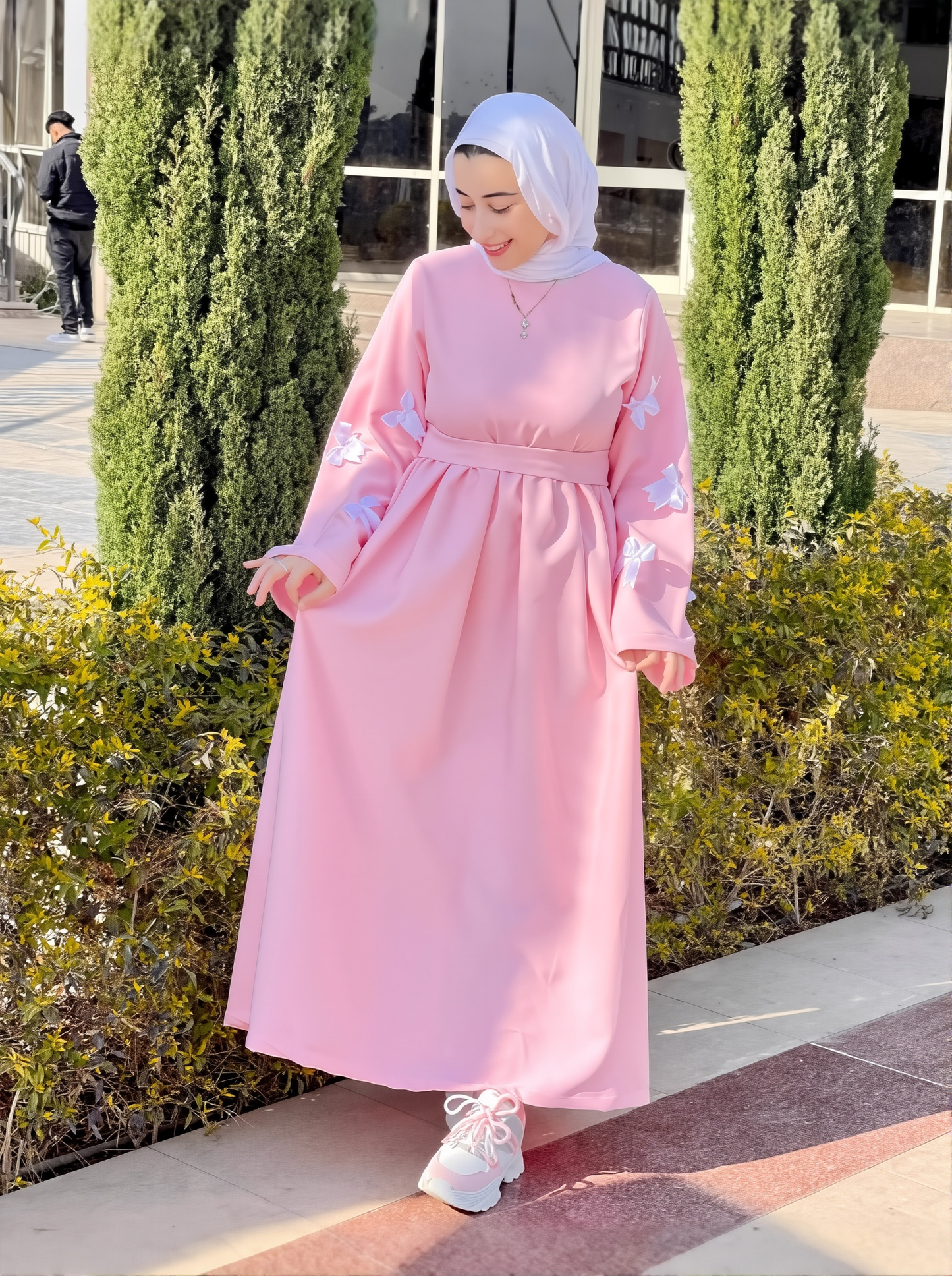 Women's Muslim Style New Three-dimensional Bow Sweet Age-reducing Waist Pink Dress
