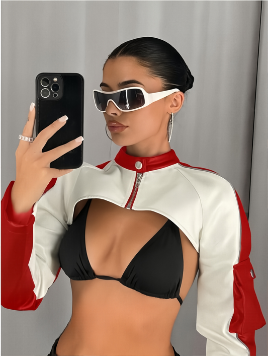 The Rogue Rider Jacket: Color Block Motorcycle Style with Stand Collar & Zipper