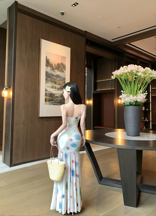 Elegant Vacation Summer Watercolor Sling Dress Women's Spring And Summer Short Long Irregular Skirt Fishtail Skirt