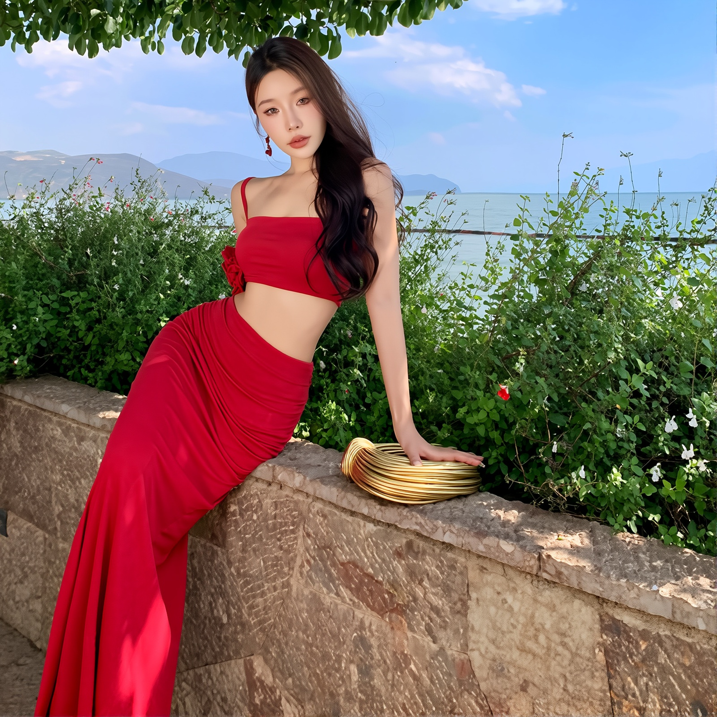 Spice Girl Two-Piece Set: Sexy Sling Skirt with Long Dress Top