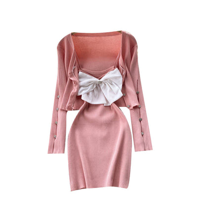 Sweet Knit Dress Dress Women's Bowknot Sling Pure Color