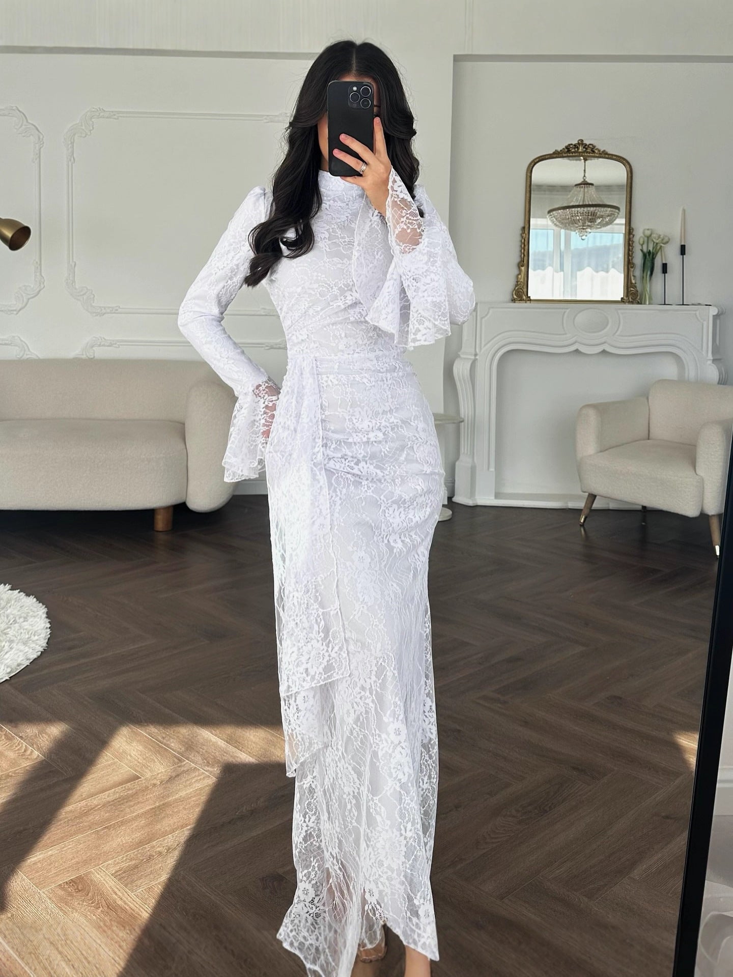 2025 Cross-border New European And American Style Women's Sexy Fashion Hip-covering Long Skirt Evening Dress Long-sleeved Lace Dress