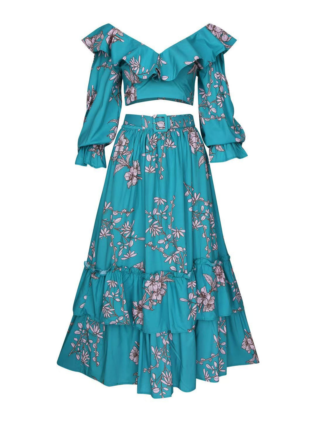 Europe And The United States Amazon Cross-border New Fashion Printed Jacket Flounce Long Skirt Suit