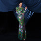 Clothing Long Round Neck Long-sleeved Slim Waist Sequin Evening Dress For Women