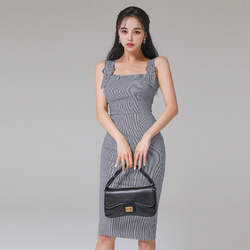 Cross-border Women's 2023 Summer New Arrival Korean Style Elegant Houndstooth Tight Waist Slimming Hip Mid-length Vest Dress