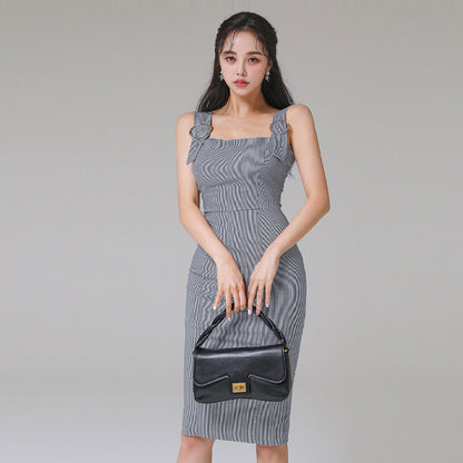 Cross-border Women's 2023 Summer New Arrival Korean Style Elegant Houndstooth Tight Waist Slimming Hip Mid-length Vest Dress