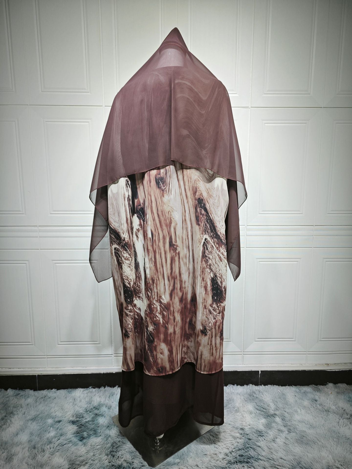 With Turban Brown Print Muslim Women's Clothing