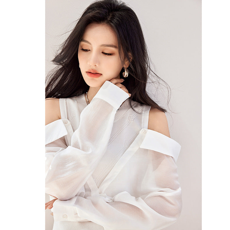 G9052 Spring New Fashion Pure Want All-match Design Off-shoulder Shirt Women's Sweet Top Chic And Beautiful Shirt