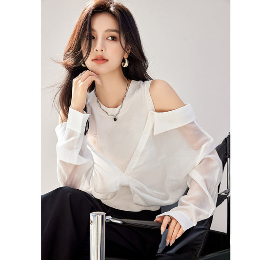 G9052 Spring New Fashion Pure Want All-match Design Off-shoulder Shirt Women's Sweet Top Chic And Beautiful Shirt