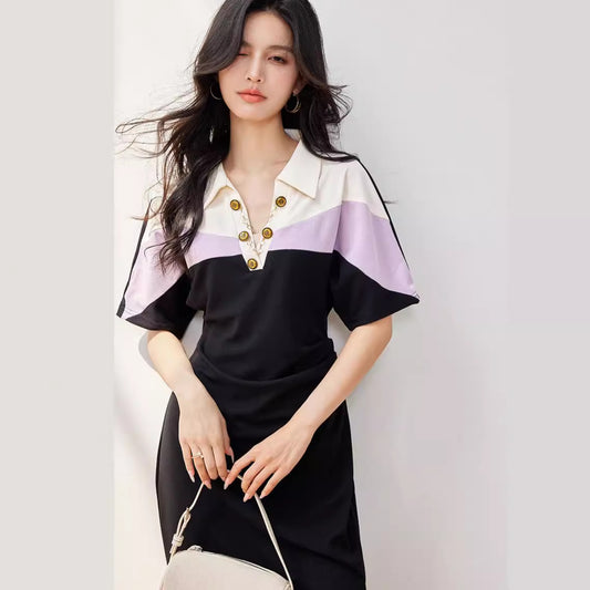 R3210 Color-Blocked Elegant Sports Polo Dress Women's Long Slim Waist High-End Short-Sleeved Casual Skirt Summer