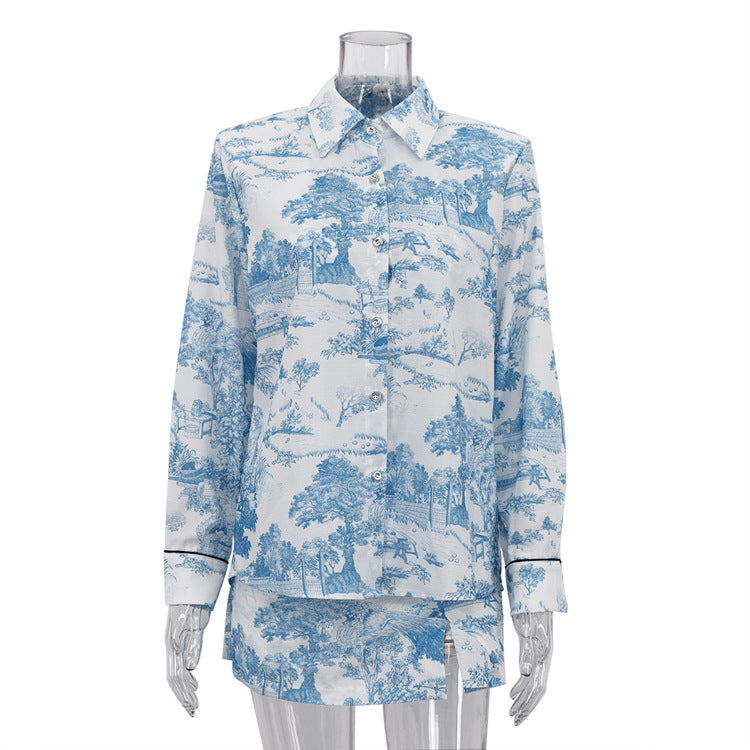 Chinese Style Printed Casual Suit For Women European And American Spring And Autumn New Lapel Long-sleeved Shirt Vest Slit Skirt Three-piece Set