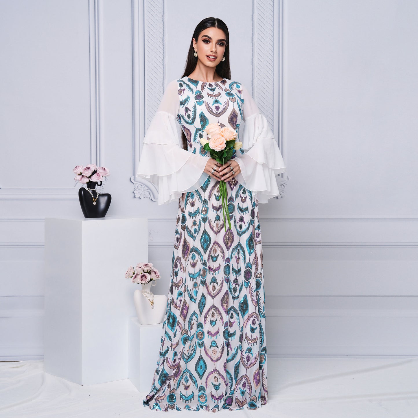 Cross-border Clothing Long Round Neck Long-sleeved Slim Waist Sequin Dress