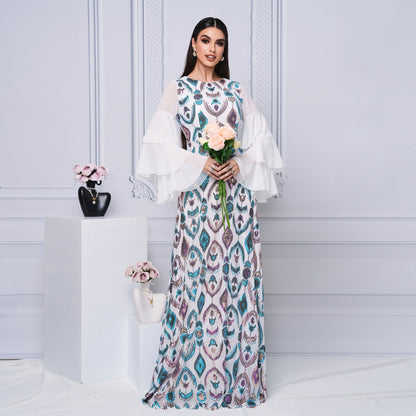 Cross-border Clothing Long Round Neck Long-sleeved Slim Waist Sequin Dress