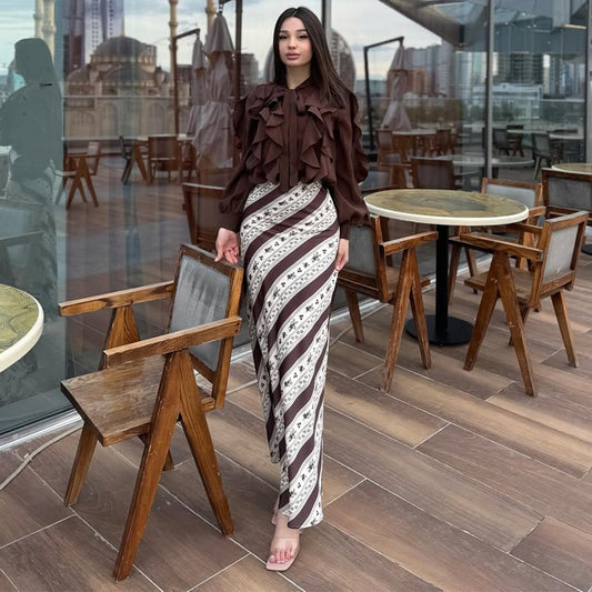 2025 New Women's Clothing European And American Amazon Cross-Border Export Long-Sleeved Ruffle Top Printed High-Waisted Skirt