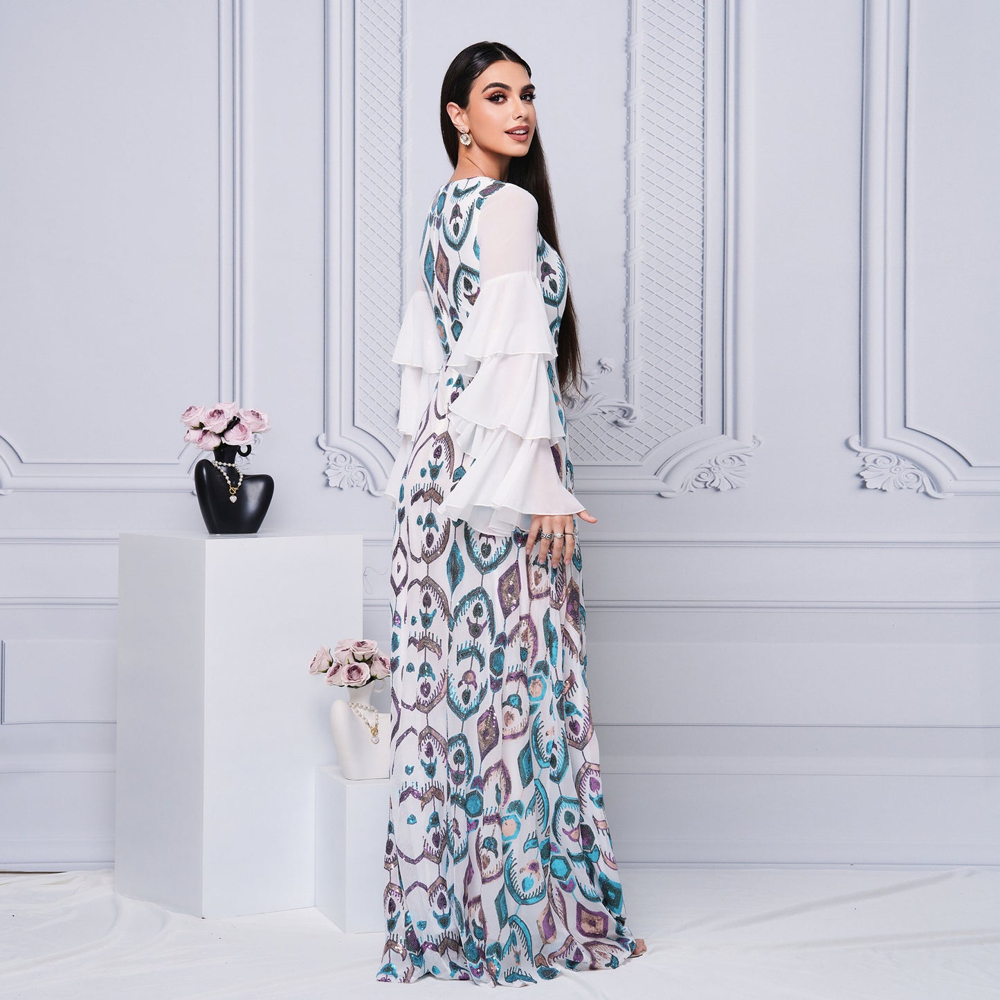 Cross-border Clothing Long Round Neck Long-sleeved Slim Waist Sequin Dress