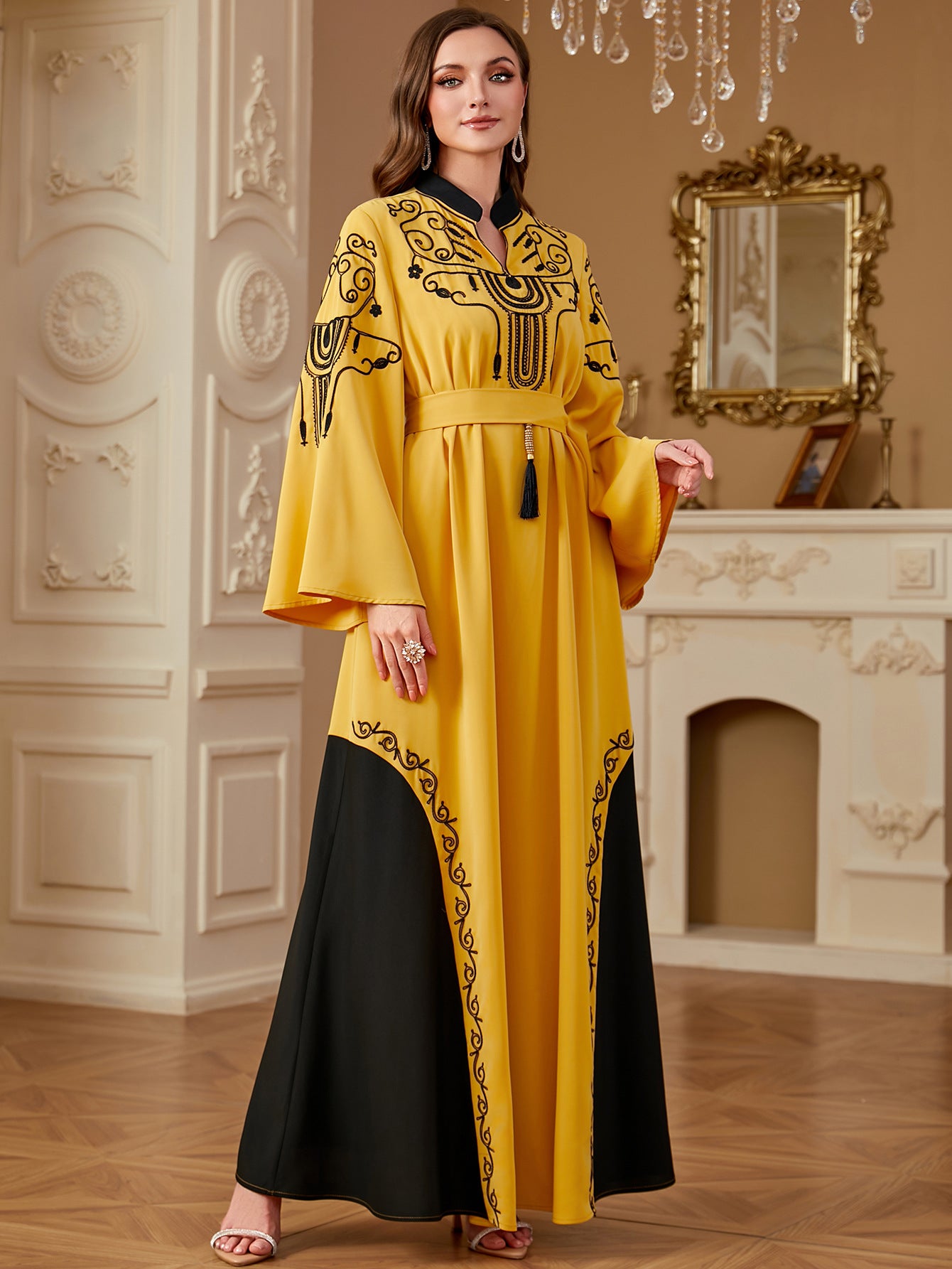 4290 Women's Dubai Robe Elegant Gorgeous Embroidery Contrast Color Stitching Moroccan Long Skirt Fashion New Dress
