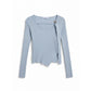 R2632 Brand Women's Fog Blue Ribbon One Button Irregular Top Wool Bottoming Sweater Temperament Top
