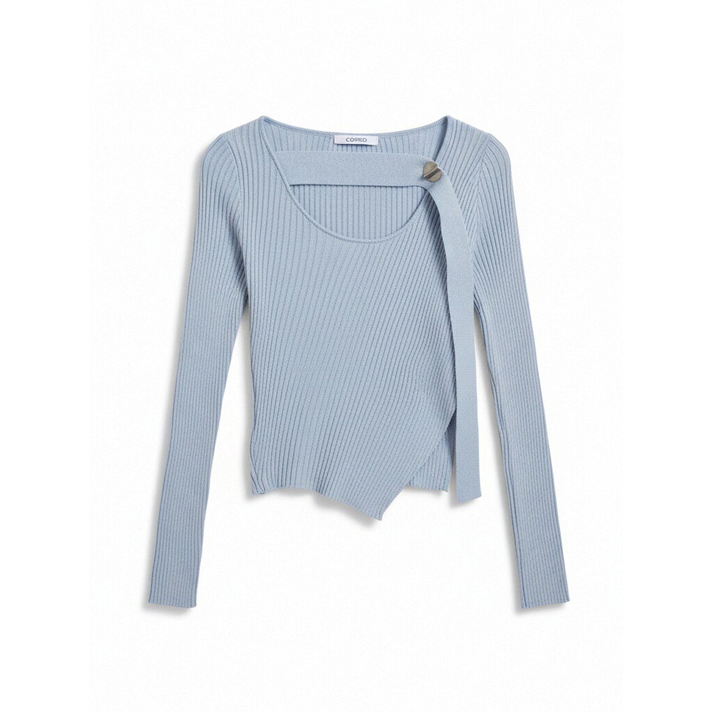 R2632 Brand Women's Fog Blue Ribbon One Button Irregular Top Wool Bottoming Sweater Temperament Top