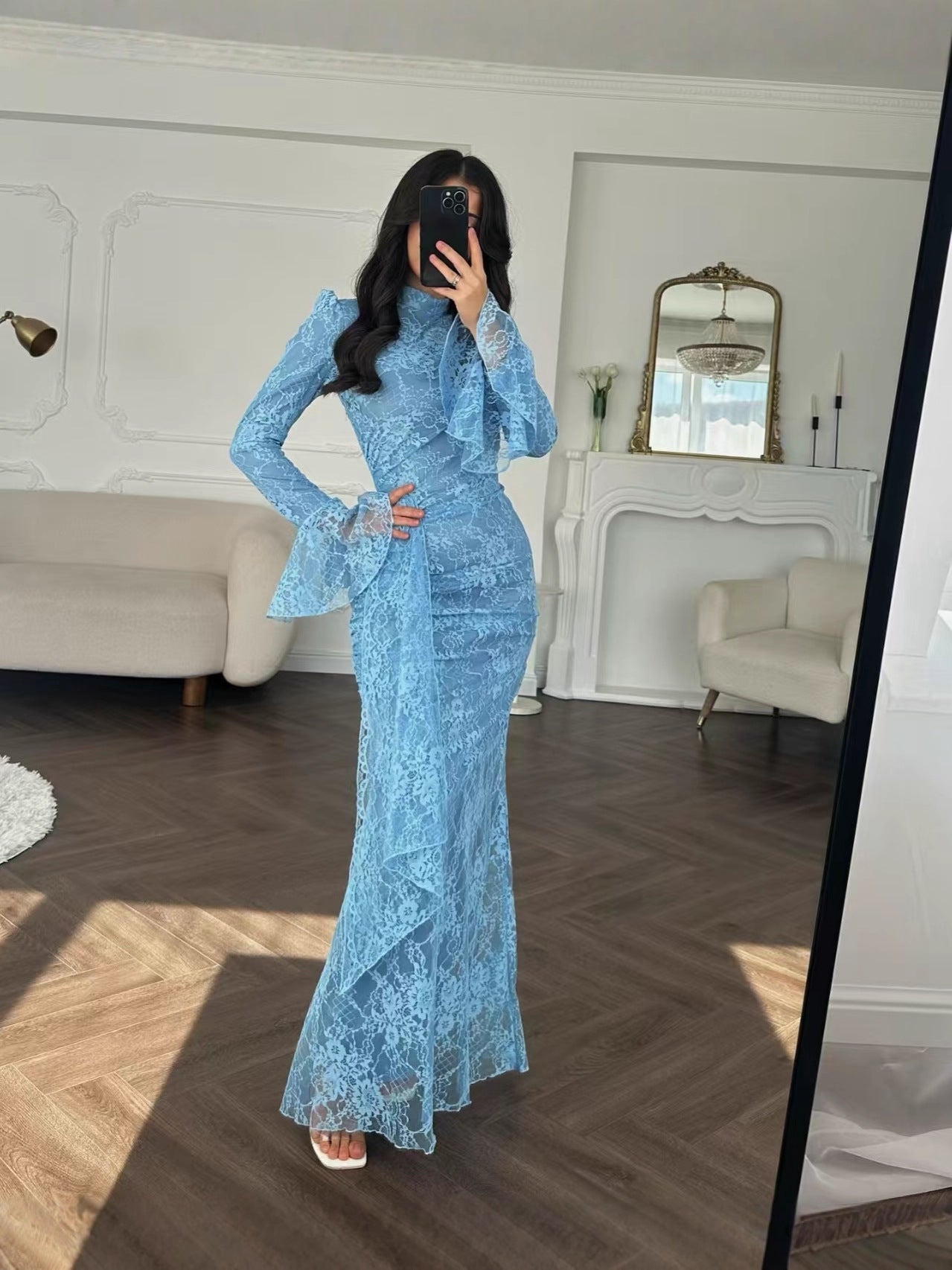 2025 Cross-border New European And American Style Women's Sexy Fashion Hip-covering Long Skirt Evening Dress Long-sleeved Lace Dress