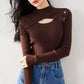 R3528 Niche Design Knitwear Women's Half Turtleneck Cut Out Elastic Brown Sexy Flesh-Covering Slimming Look Top Winter