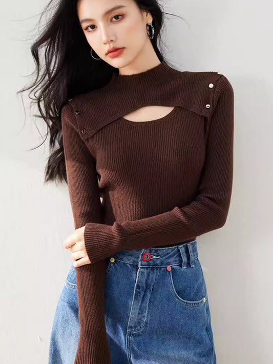 R3528 Niche Design Knitwear Women's Half Turtleneck Cut Out Elastic Brown Sexy Flesh-Covering Slimming Look Top Winter