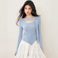 R2632 Brand Women's Fog Blue Ribbon One Button Irregular Top Wool Bottoming Sweater Temperament Top